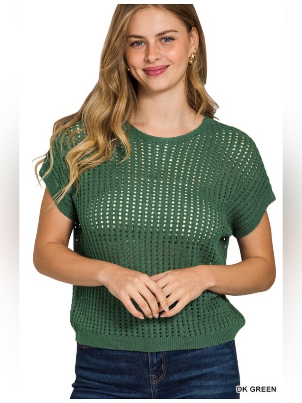Zenana Green Viscose Open Crochet Knit Short Sleeve Top